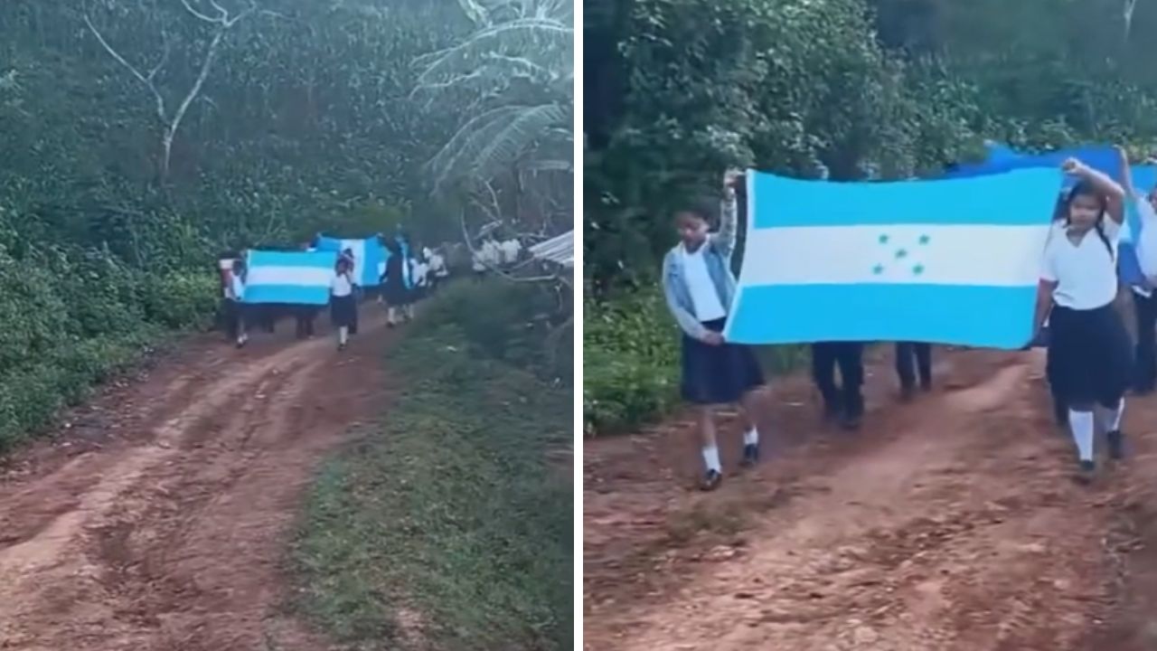 Estudiantes desfilan en calle de tierra y demuestran su fervor patrio